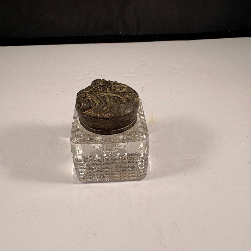 Antique Glass Inkwell Square Hobnail Base Embossed Floral Metal Lid Victorian